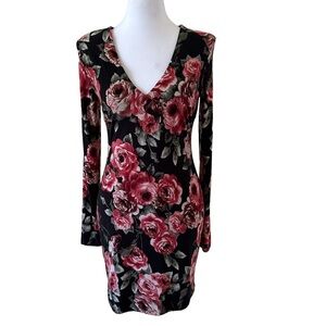GBG Los Angeles Kalilah Floral Black  Long Sleeves V-Neck Dress Size M NWT
